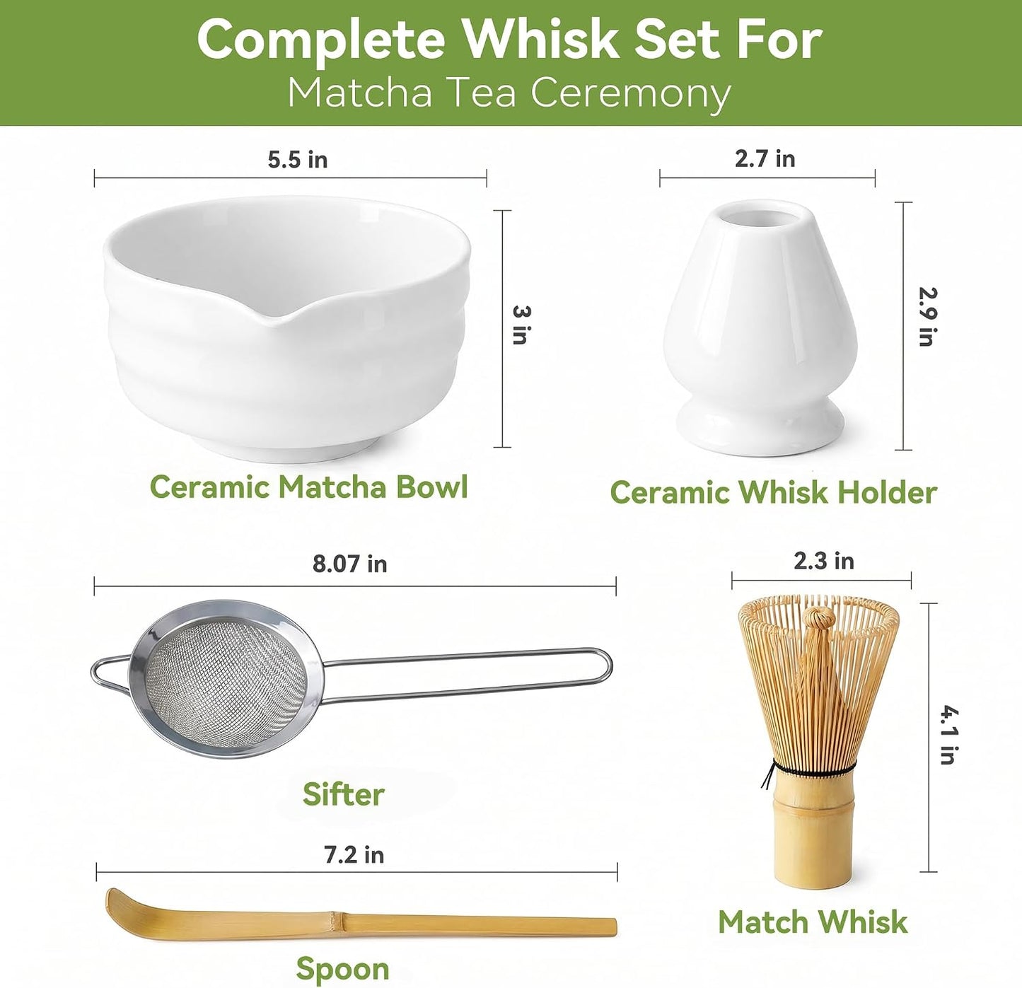 Matcha Whisk Set with Ceramic Bowl - Complete Matcha Making Kit, Bamboo Whisk (Chasen), Whisk Holder, Matcha Powder Sifter, Scoop, Japanese Tea Ceremony Tools（Green）