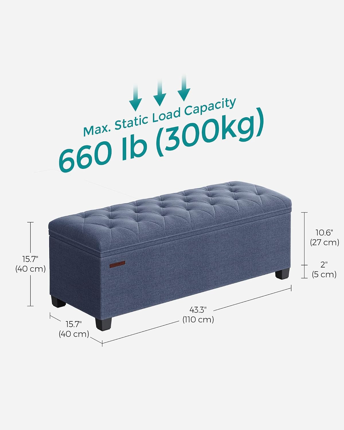 SONGMICS Storage Ottoman Bench, Foot Rest with Legs, 15.7 x 43.3 x 15.7 Inches, End of Bed Bench, Storage Chest, Load up to 660 lb, for Living Room, Bedroom, Entryway, Dark Gray ULSF088G01