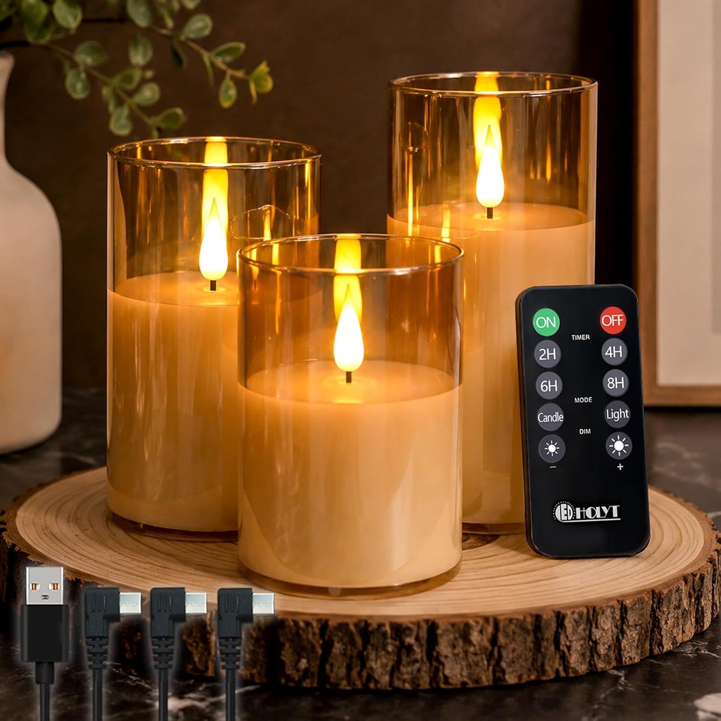 LEDHOLYT Rechargeable Flameless Glass Pillar Candles–Gifts for Women,–Set of 3, Realistic Flickering LED Flame,Remote & Timer, Ideal for Living Room, Bedroom & Halloween Festival Home Party Decor