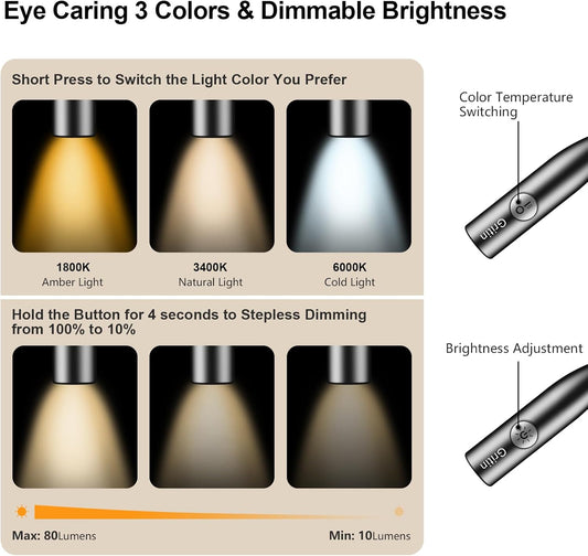 Gritin Book Light,Eye Caring 3 Colors & Stepless Dimming Neck Reading Light