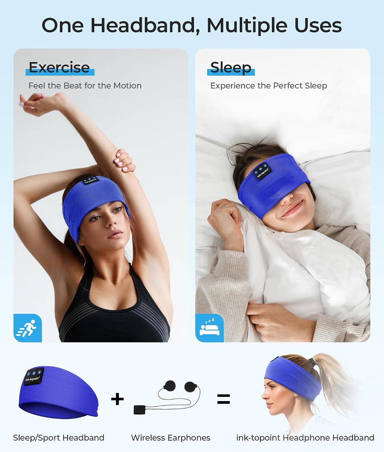 ink-topoint Sleep Headphones Bluetooth 5.4 Headband, 2 in 1 Sleep Mask with Bluetooth Headphones, Wireless Headband Earphones with Ultra-Thin HD Stereo Speaker, Music Headband for Workout Running Yoga