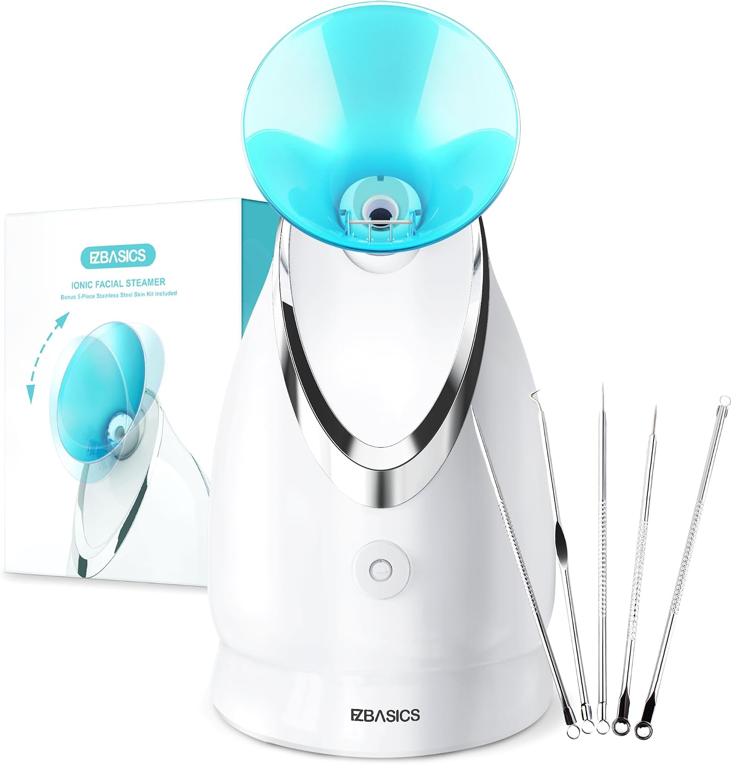 EZBASICS Facial Steamer - Professional Nano Ionic Face Steamer for Facial Deep Cleaning, Warm Mist Humidifier for Home Spa, Unclogs Pores Sinus, Bonus 5 Piece Stainless Steel Skin Kit (Blue)