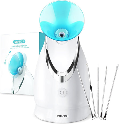 EZBASICS Facial Steamer - Professional Nano Ionic Face Steamer for Facial Deep Cleaning, Warm Mist Humidifier for Home Spa, Unclogs Pores Sinus, Bonus 5 Piece Stainless Steel Skin Kit (Blue)
