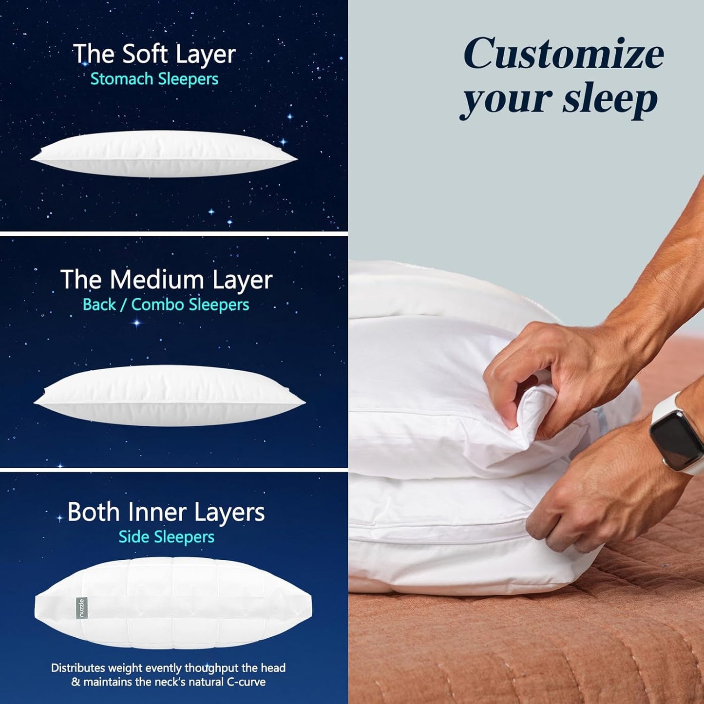 Nuzzle Cooling Adjustable Pillow for Side Sleepers,Queen Size Bed Pillow 4 Pack – Hotel Luxury Neck Support, Height Adjust Soft Sleeping Pillow for Back, Stomach or Side Sleepers-Home Gift