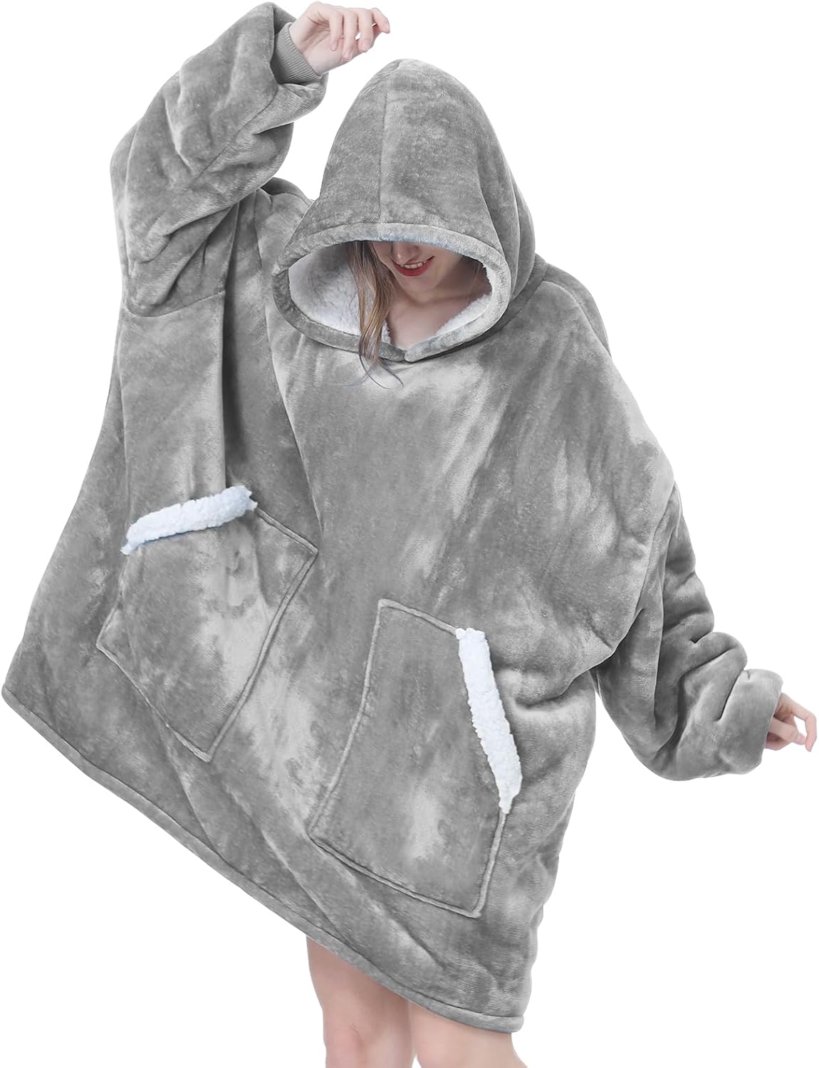 Kipswiza Wearable Blanket Hoodie Gifts for Women and Men, Oversized Cozy Warm Flannel Sherpa Hooded Blankets Sweatshirt with Giant Pockets for Adult and Teens, Dark Gray