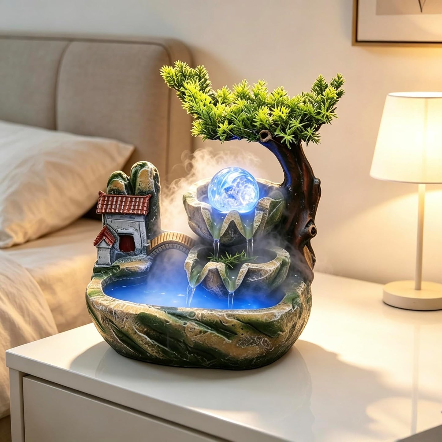 Mini Artificial Bonsai Tree Waterfall Fog Feature Rock Tabletop Fountain | 11in Desktop Decor Waterfall Fountain W/ Water Pump& Atomizer&LED Lights &Fake Tree Office Bedroom Relax