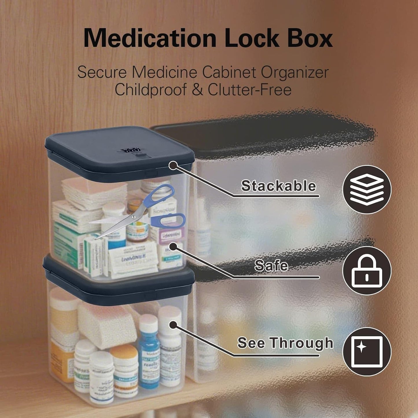 2 Pack Large Medication Lock Box with Code, Clear Lockable Storage Box for Refrigerator, Cabinet & Dorm, Stackable Medicine Box for Prescriptions, Snacks, Phone, 11.9" x 9.3" x 7.6", Black