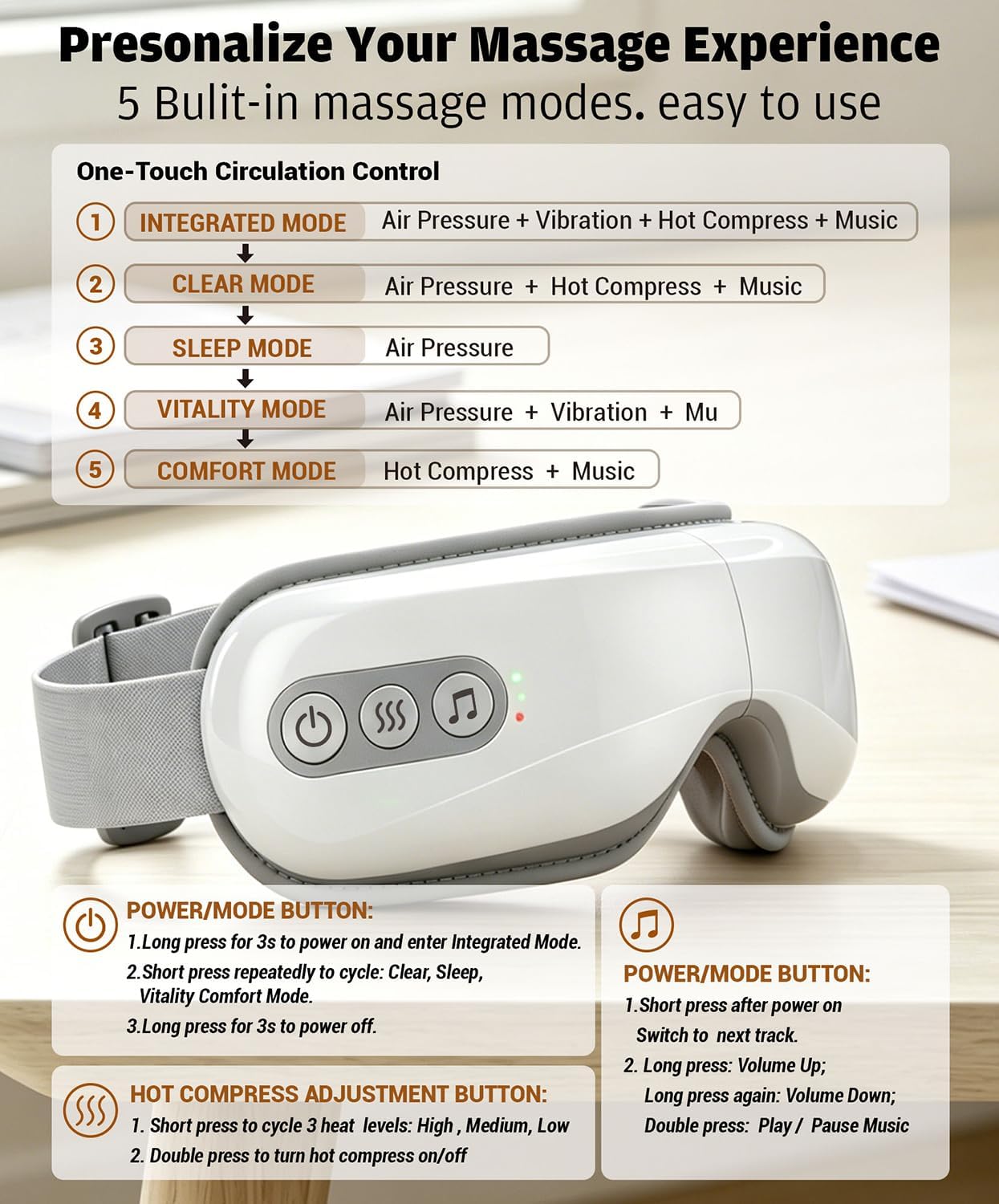 Eye Massager with Heat and Cooling, Heated Eye Mask for Dry Eyes & Sleep, Cooling Gel Mask for Puffiness, Bluetooth Music 5 Modes Cordless Foldable, Relax Gift for Women Men