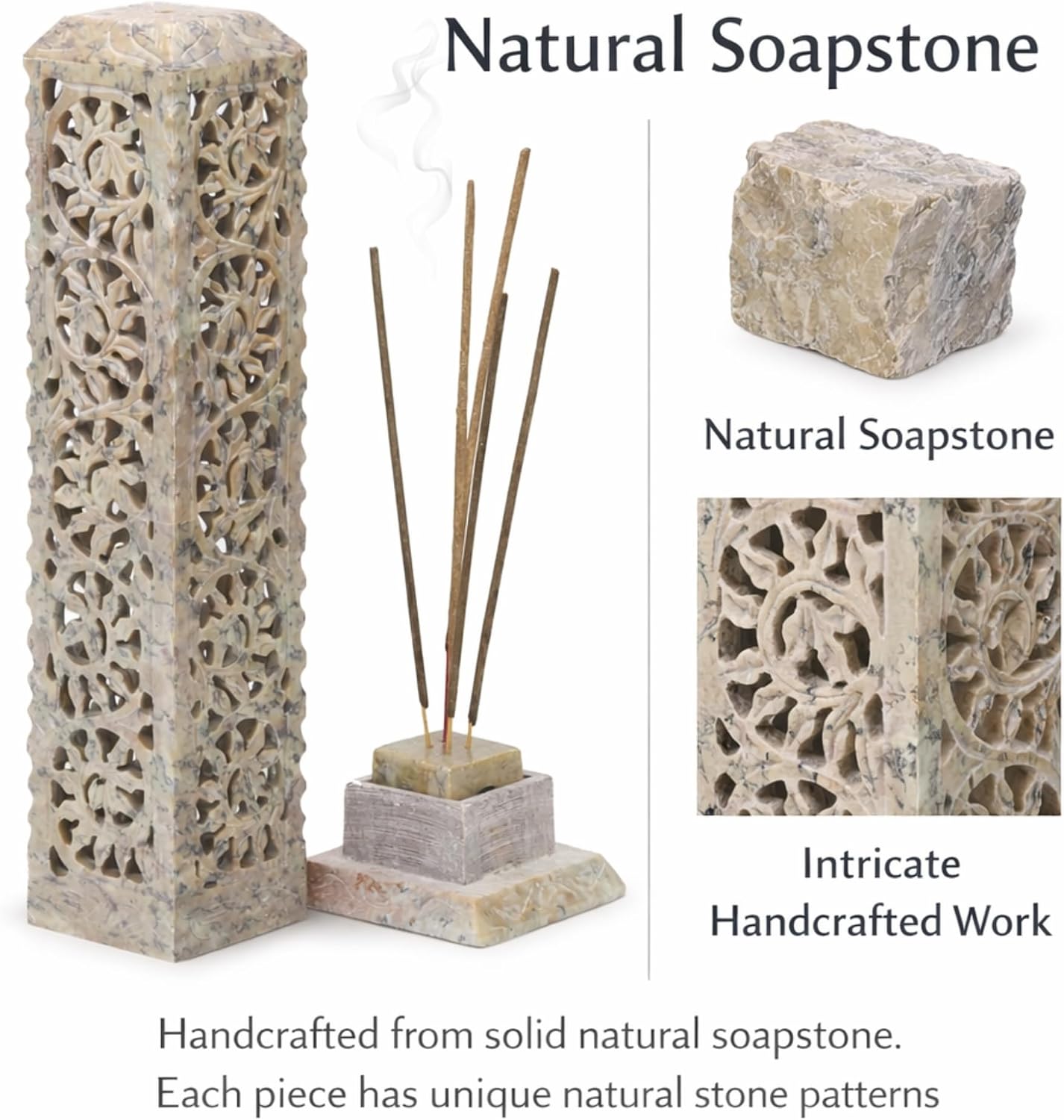 Carry Me Handmade Marble Soapstone Incense Stick Burner | Candle Stick Holder, Tea Light Stand, 3 x 3 x 11 Inches, Decorative Home and Kitchen Decor, Perfect for Gifting