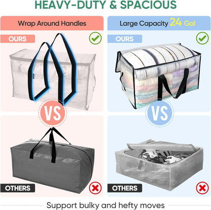 BALEINE Oversized Moving Bags with Reinforced Handles, Heavy-Duty Storage Tote for Clothes, Moving Supplies (Clear)
