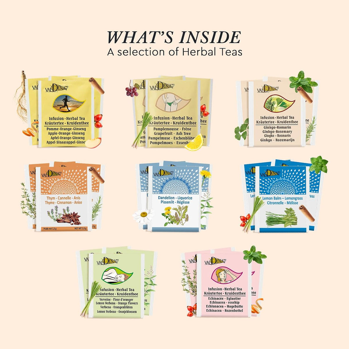Valdena Bio Organic Herbal Teas for Your Wellness Tea Sampler Gift Caffeine Free 8 Flavors Assorted Tea Sets Variety Pack 64 Individually Wrapped Tea Bags Gift for Tea Lovers