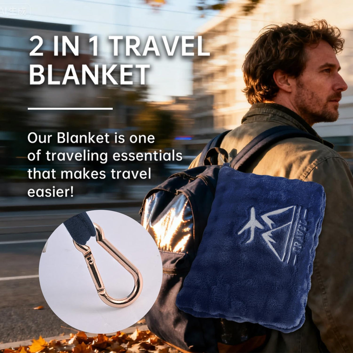 Travel Blanket and Pillow-2-in-1, Ultra-Soft&Compact, Airplane Blanket with Hand Luggage Belt and Backpack Clip,Travelers Accessories Gifts, 61x43 Inches(Pink