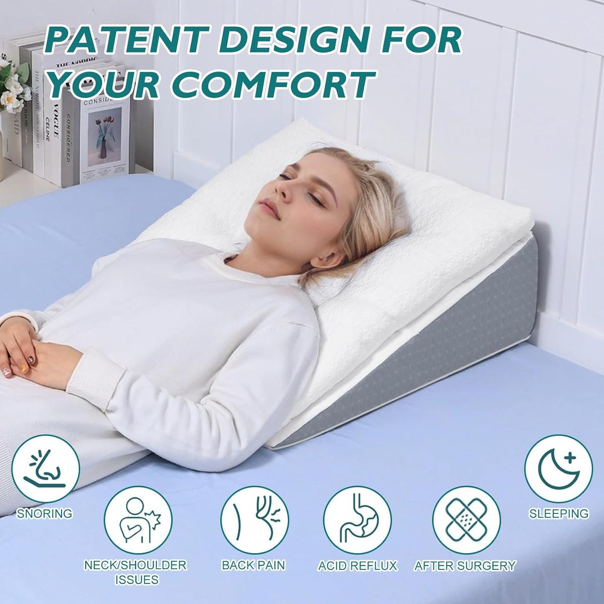Bed Wedge Pillow for Sleep Apnea 7.5Inch Gerd Pillow Patent Dual Layer Triangle Pillow Adjustable Shredded Memory Foam Topper Soft Support Ideal for Acid Reflux, After Surgery, Snoring