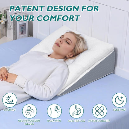 Bed Wedge Pillow for Sleep Apnea 7.5Inch Gerd Pillow Patent Dual Layer Triangle Pillow Adjustable Shredded Memory Foam Topper Soft Support Ideal for Acid Reflux, After Surgery, Snoring