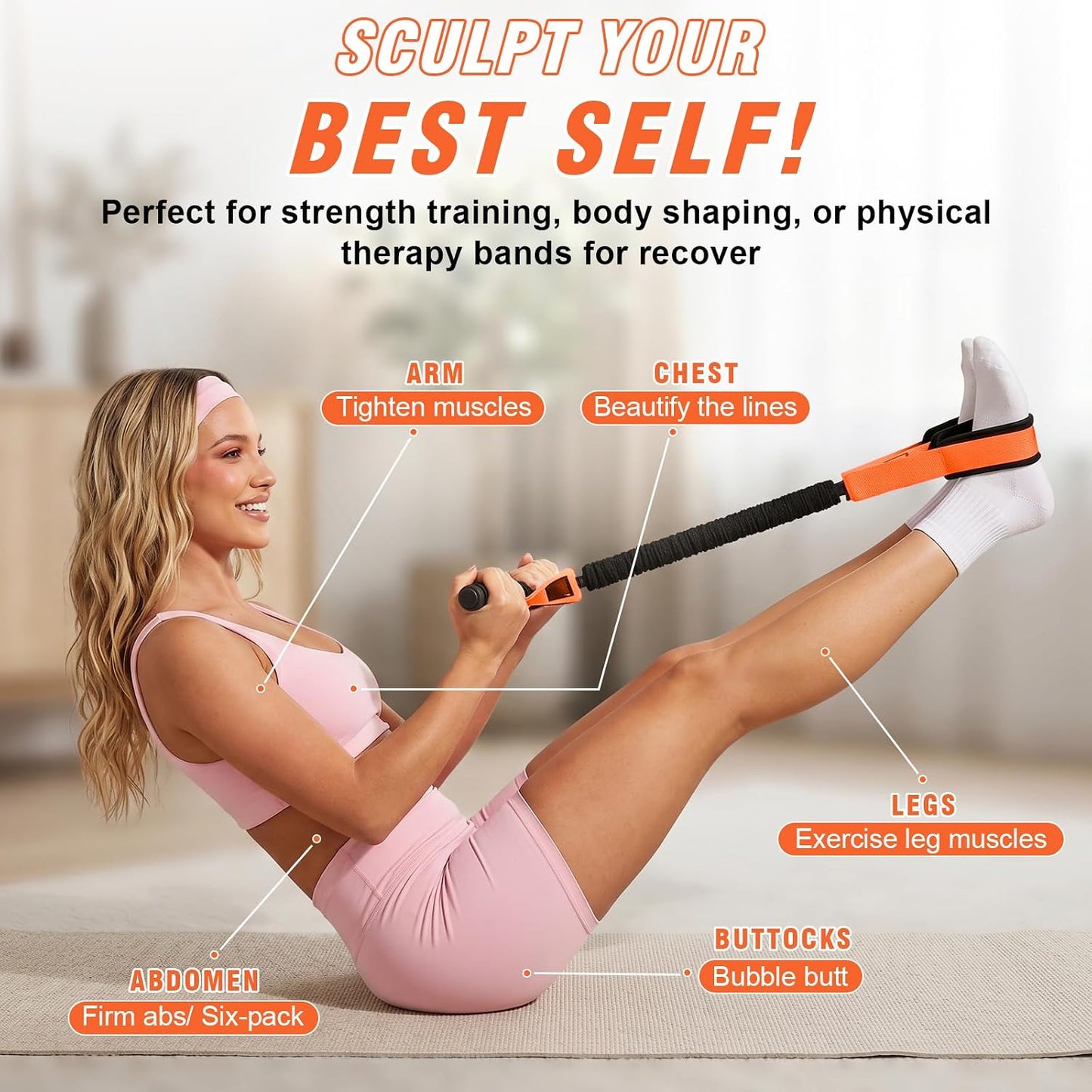 Pedal Resistance Band with Handles for Women, 55LBS Exercise Bands, Thickened Latex Tube, Non-Slip Foot Pedal, Full Body Workout Equipment for Abs/Core/Waist/Leg/Glutes/Arm Strength Training