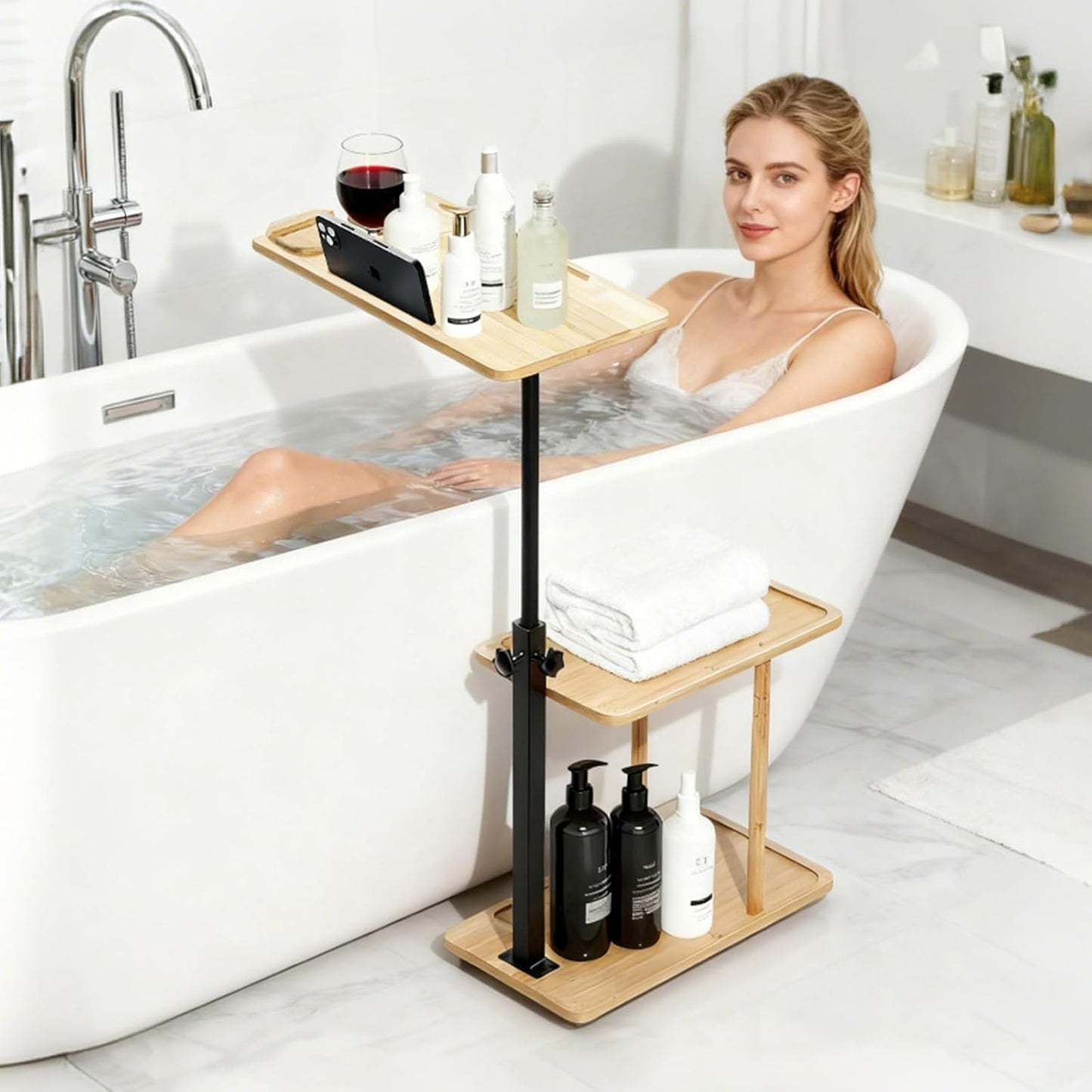 3 Layer Bathtub Tray Table,Bamboo Swivel Bathtub Side Table Height Adjustable,Freestanding Bathtub Tray for Tub Against Wall,Bathtub Accessories&Bathroom Organizer for Luxury Home Spa (Black)