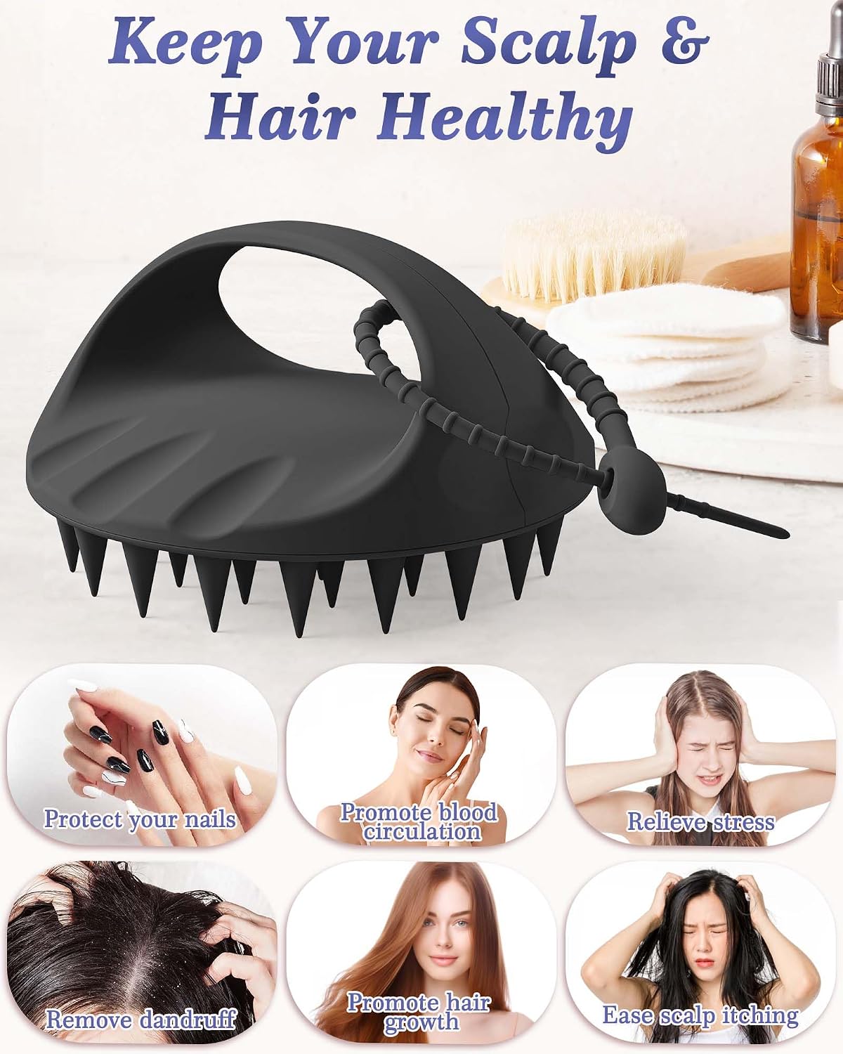Manmihealth Large Hair Scalp Scrubber, One-piece Silicone Scalp Massager for Wet Dry, Long Bristles Shampoo Brush for Dandruff Removal and Hair Growth with Free Strap&Hook.(Style 2 Black)