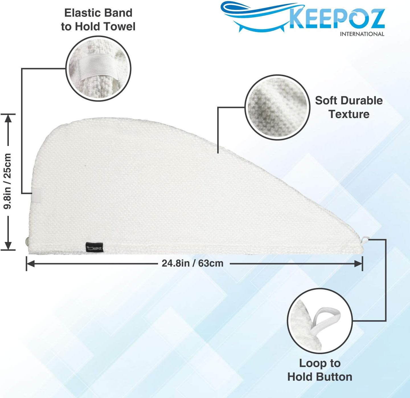 KEEPOZ 100% Cotton Hair Towel Wrap Quick Dry Super Absorbent Turban Head Wrap for Women with Button, Anti Frizz, Hair Cap for Curly, Long & Thick Hair (White, 1 Pc)