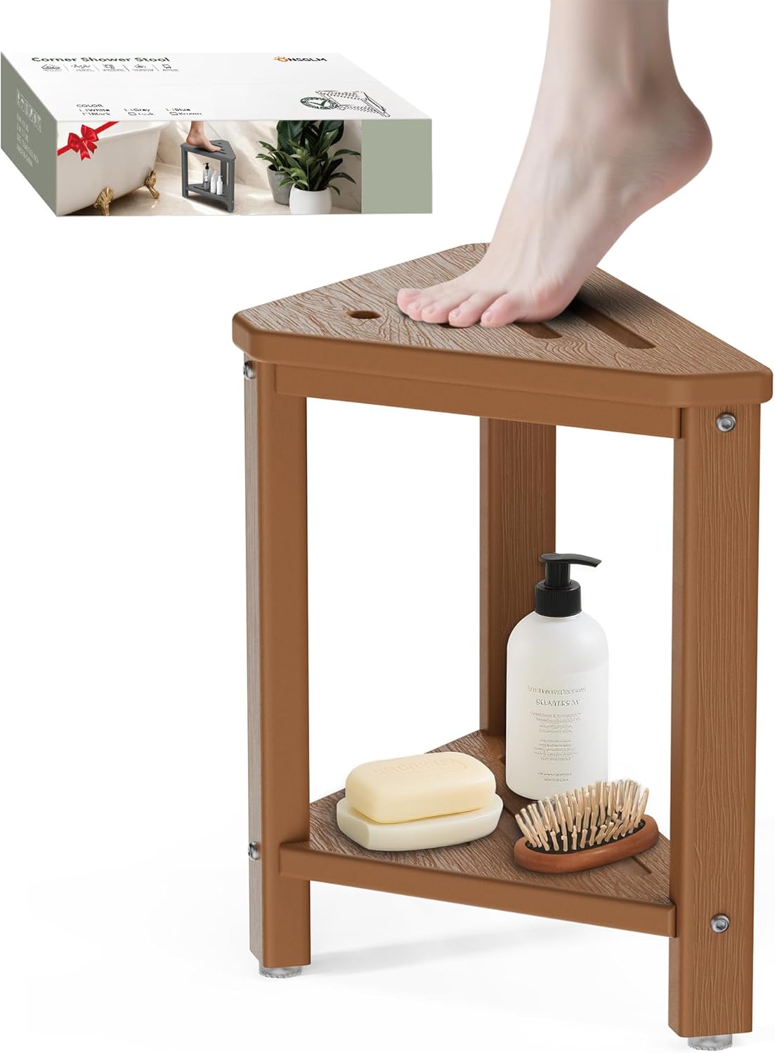 Shower Foot Rest 15in, HDPE Waterproof Shower Stool for Inside Shower, Corner Shower Stool for Shaving Legs with Storage Shelf for Small Space, Shower Step Stool, Plastic Corner Shower Bench, White