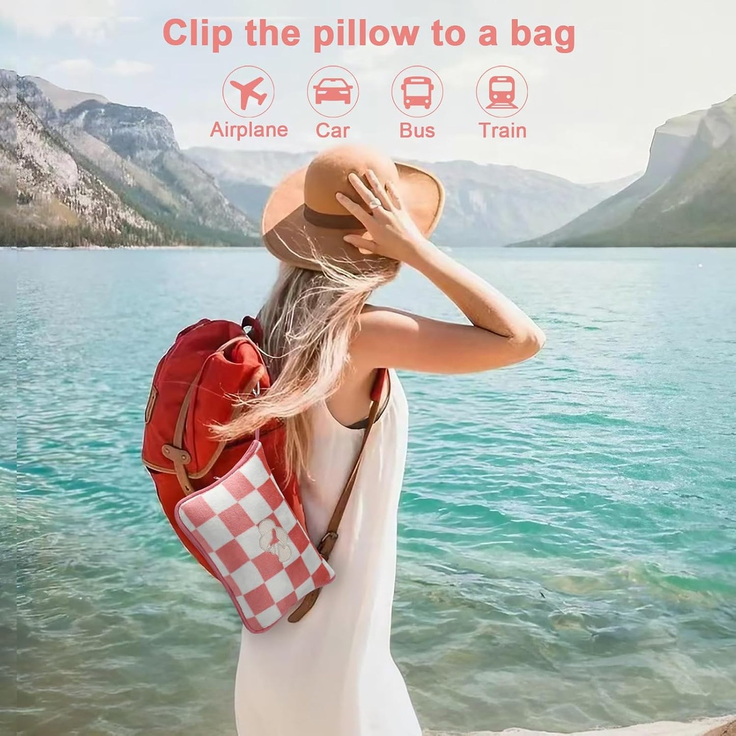 Travel Blanket and Pillow Compact, Premium Soft 2 in 1 Airplane Blanket with Soft Bag Pillowcase，Hand Luggage Sleeve and Backpack Clip (Checkered Black)