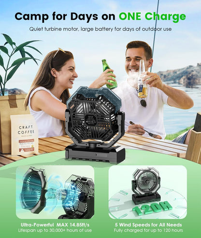Camping Misting Fan, 24000mAh Portable Battery Powered Fan with Mist, Light