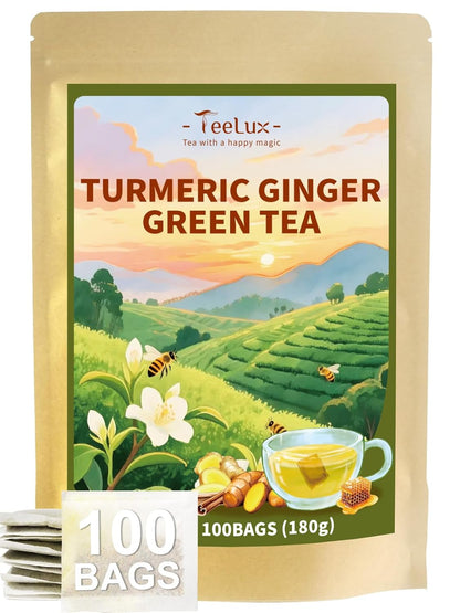 TeeLux Ginger Turmeric Green Tea Bags, Sweet Honey Aroma, Caffeinated 100ct