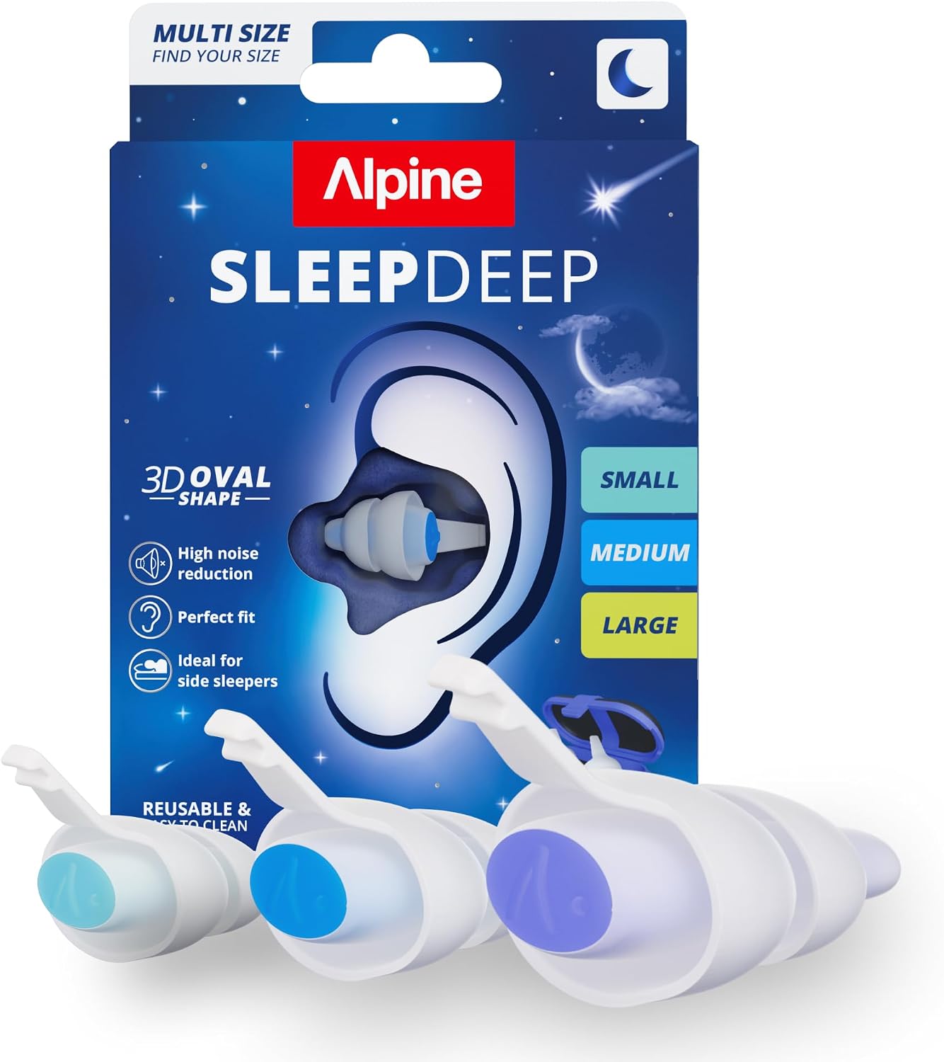 Alpine SleepDeep Earplugs for Sleeping – Side Sleepers & Snoring – Ultra-Soft Noise Reducing Earplugs – 27dB SNR – Hypoallergenic, Silicone-Free – 3 Pairs (S, M, L)