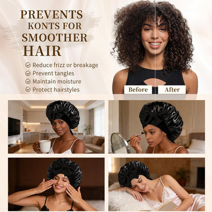 Silk Bonnet Satin Bonnet for Sleeping Large Bonnets with Tie Band Hair Wrap with Adjustable Straps Hair Cap for Women Curly Black