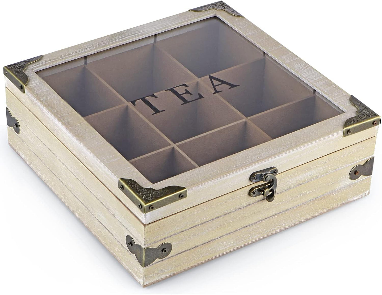 MOLIGOU Wood Tea Box Organizer, Tea Storage Chest with Glass Lid, 9 Compartments, Tea Bag Holder for Cabinet, Pantry