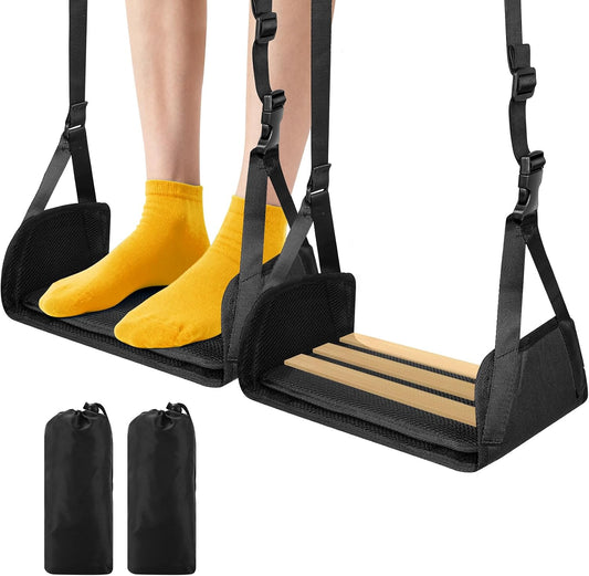 Airplane Foot Hammock for Plane Travel, Detachable Bamboo Airplane Foot Rest for Long Flight, Desk Foot Hammock with Extended Adjustable Strap to Relax Your Feet, Foot Sling Travel Essentials
