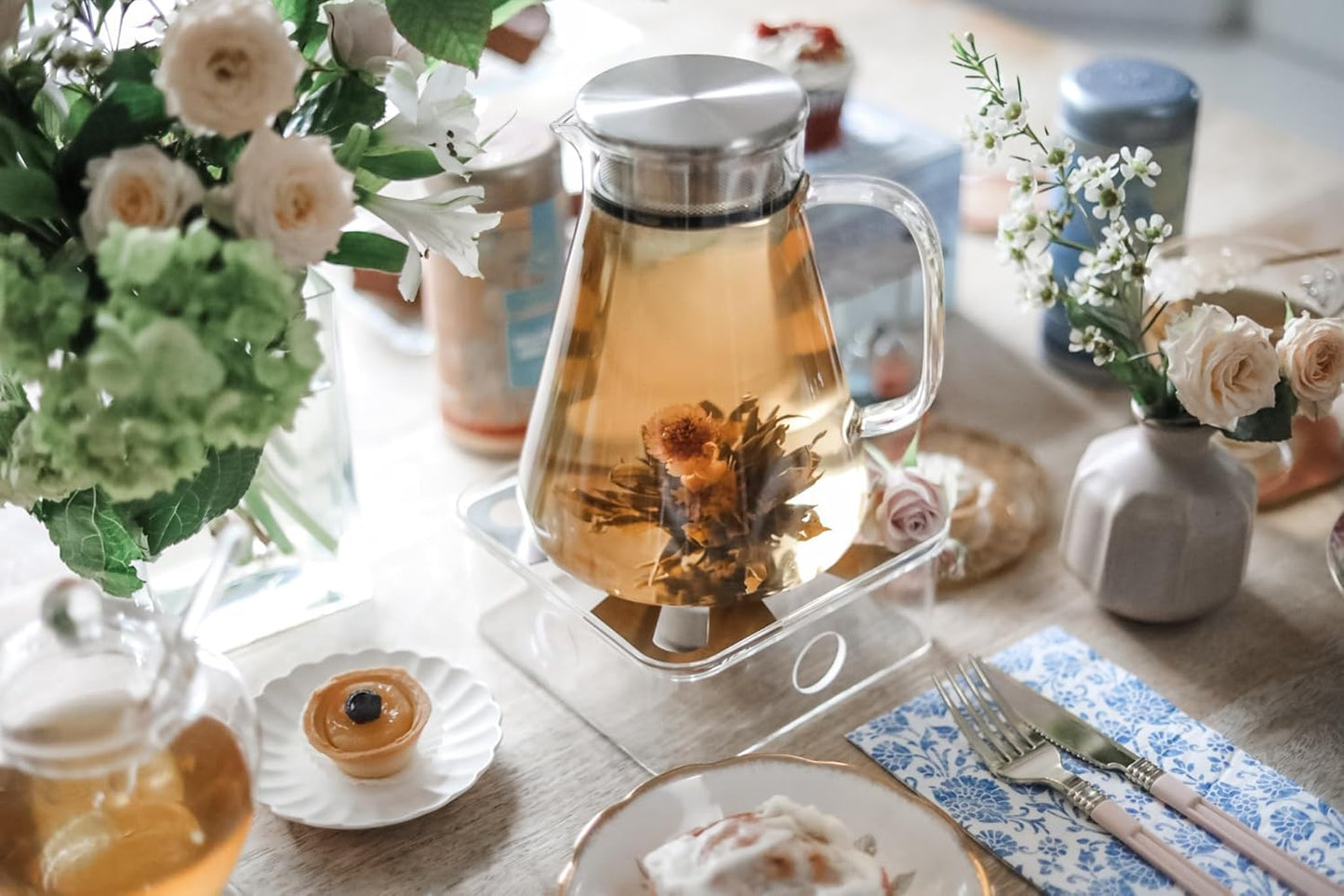 Teabloom One-Touch Tea Maker, 2-in-1 Teapot and Kettle with Stainless Steel Filter Lid for Loose Tea – Stain-Free Borosilicate Glass Teapot (27 Oz) – Tea Connoisseur's Choice