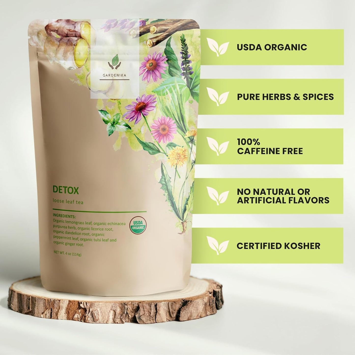 Gardenika Organic Loose Leaf Tea Sampler – 8 Pack, 1 LB – Herbal and Naturally Caffeine-Free Set - Ayurvedic Assortment Blend