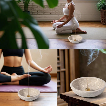 Koville Natural Marble Incense Holder, Incense Holder for Sticks with 9 Holes, Handmade Incense Burner Ash Catcher for Meditation Yoga SPA, Balsam Fir/Palo Santo/Sage/Cone (White)