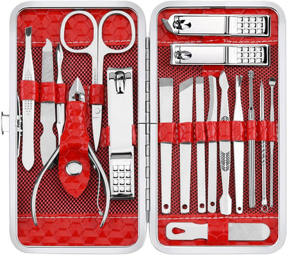 Yougai Manicure Set 18 Pieces Professional Nail Clippers Pedicure Kit Men Women, Stainless Steel Fingernail Toenail Cutters, Nail Care Grooming Tools with Leather Travel Case