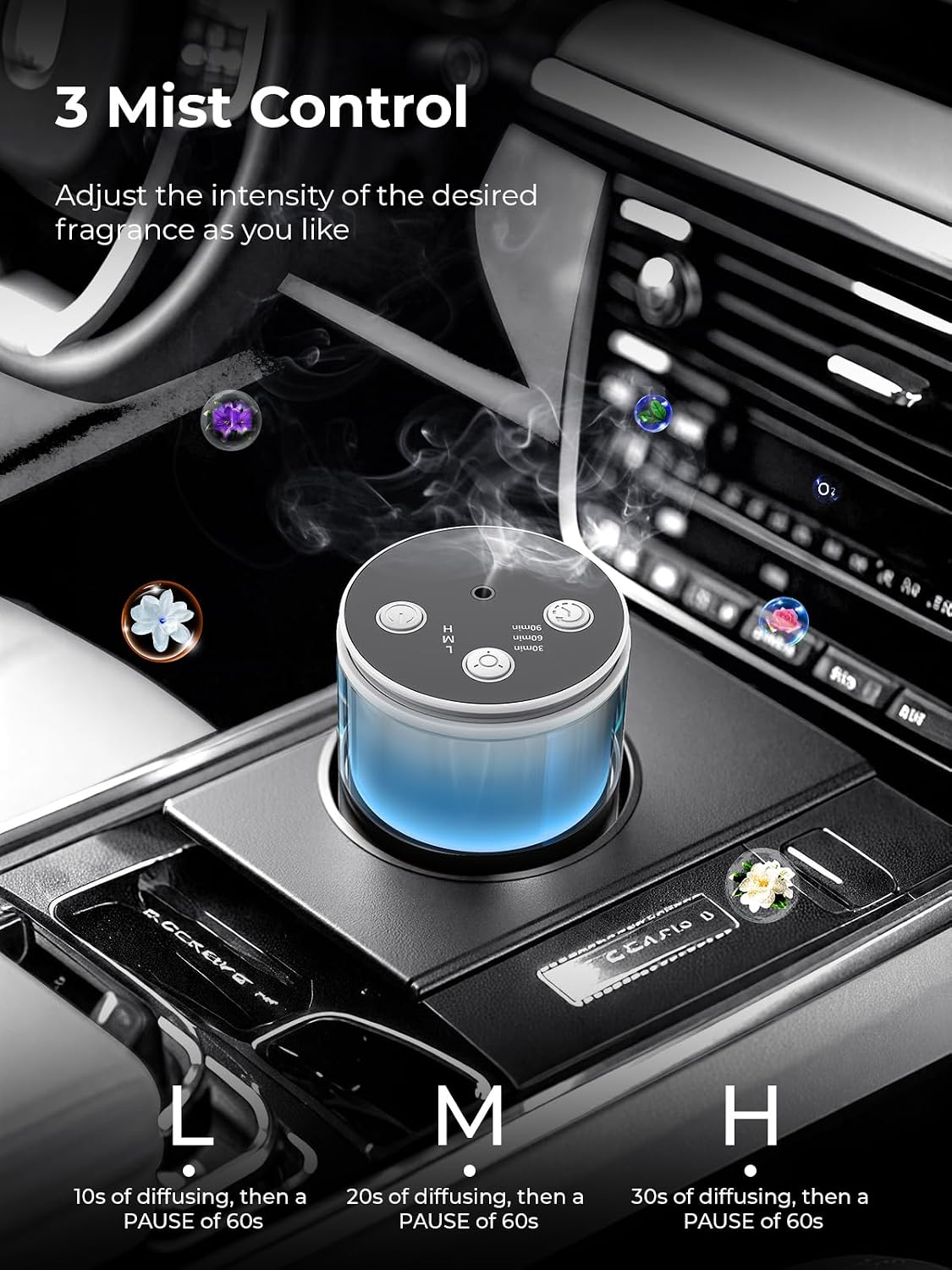 Waterless Essential Oil Diffuser: 𝟗 𝐂𝐨𝐥𝐨𝐫𝐬 𝐋𝐄𝐃 Scent Diffuser for Home&Car&Office - Portable Diffuser with 48H Battery, 4 Timers & 3 Mist Levels, Carbon Black