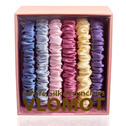 VLOMOT 6 Pcs Set 100% Pure Mulberry Silk Hair Scrunchies - 6 Chic Colors Everyday Skinny Scrunchies Silk Ponytail Holders - No Damage (Purple)