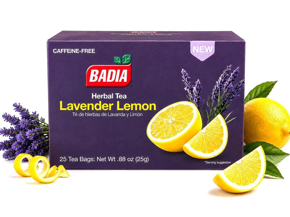 Badia Lavender & Lemon Tea – Herbal Tea with Floral Lavender & Citrus Lemon Supporting Stress Relief and Relaxation, Hot or Iced Teas, Kosher, Caffeine-Free, 25 Tea Bags