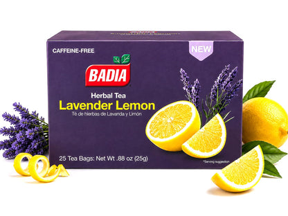 Badia Lavender & Lemon Tea – Herbal Tea with Floral Lavender & Citrus Lemon Supporting Stress Relief and Relaxation, Hot or Iced Teas, Kosher, Caffeine-Free, 25 Tea Bags
