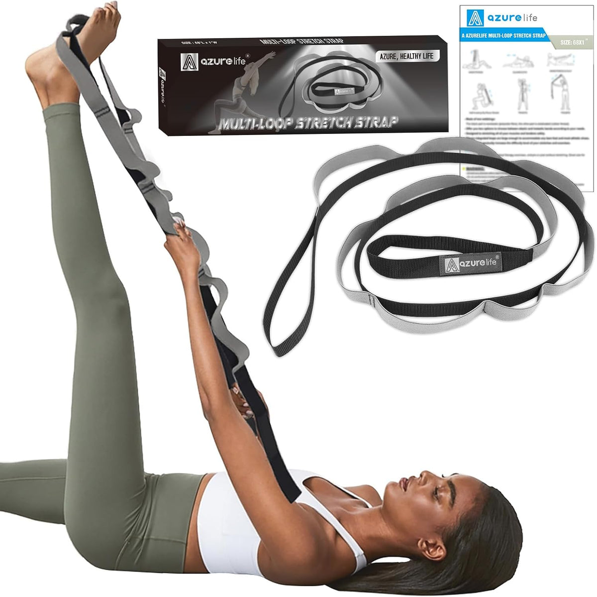 A AZURELIFE Half-Elastic Stretch Straps with 11 Loops, Stretching Strap for Physical Therapy, Multi-Loop Yoga Strap Fitness Exercise Strap for Yoga, Pilates, Dance, Flexibility&Exercise