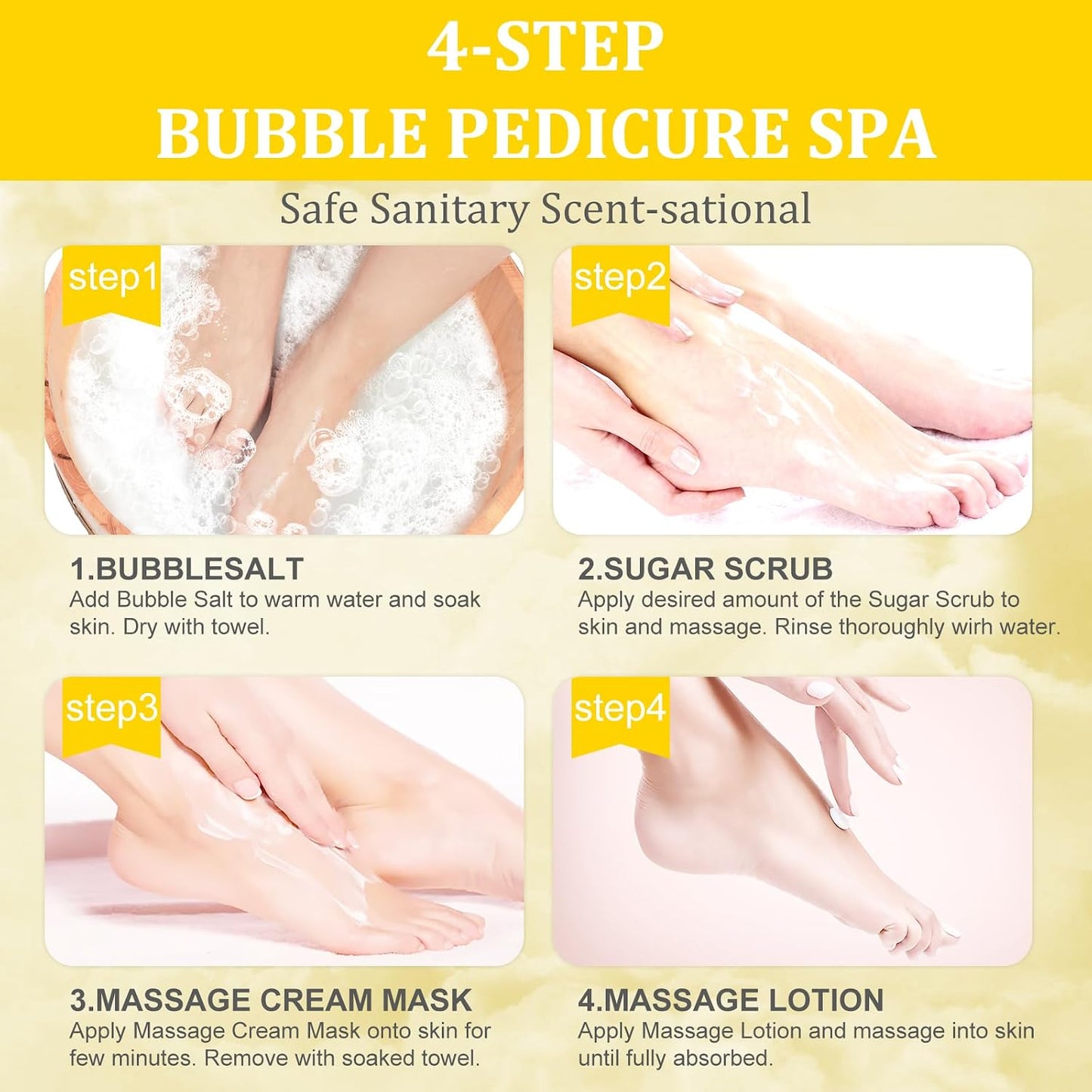 Pedicure Kit Foot Soak Set: Bubble Salt, Sugar Scrub, Massage Mask, Massage Lotion in a Box, 4 Step Foot Spa Kit for Dry Feet, Softens Calluses, Tired Feet（3 Set Lavender) - Colors A