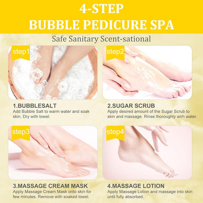 Pedicure Kit Foot Soak Set: Bubble Salt, Sugar Scrub, Massage Mask, Massage Lotion in a Box, 4 Step Foot Spa Kit for Dry Feet, Softens Calluses, Tired Feet（3 Set Lavender) - Colors A