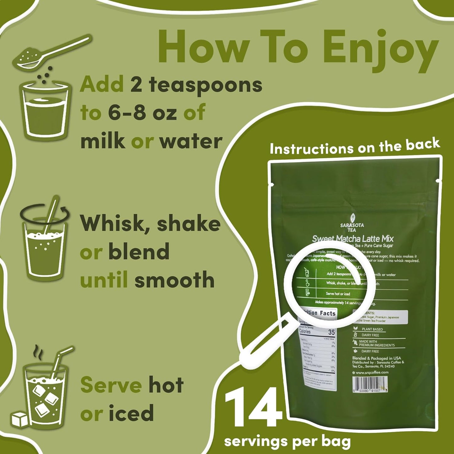 Sweetened Matcha Latte Mix, 4 oz, Matcha Green Tea Powder with Cane Sugar, Hot or Iced Matcha Latte Drink Mix, Resealable Bag