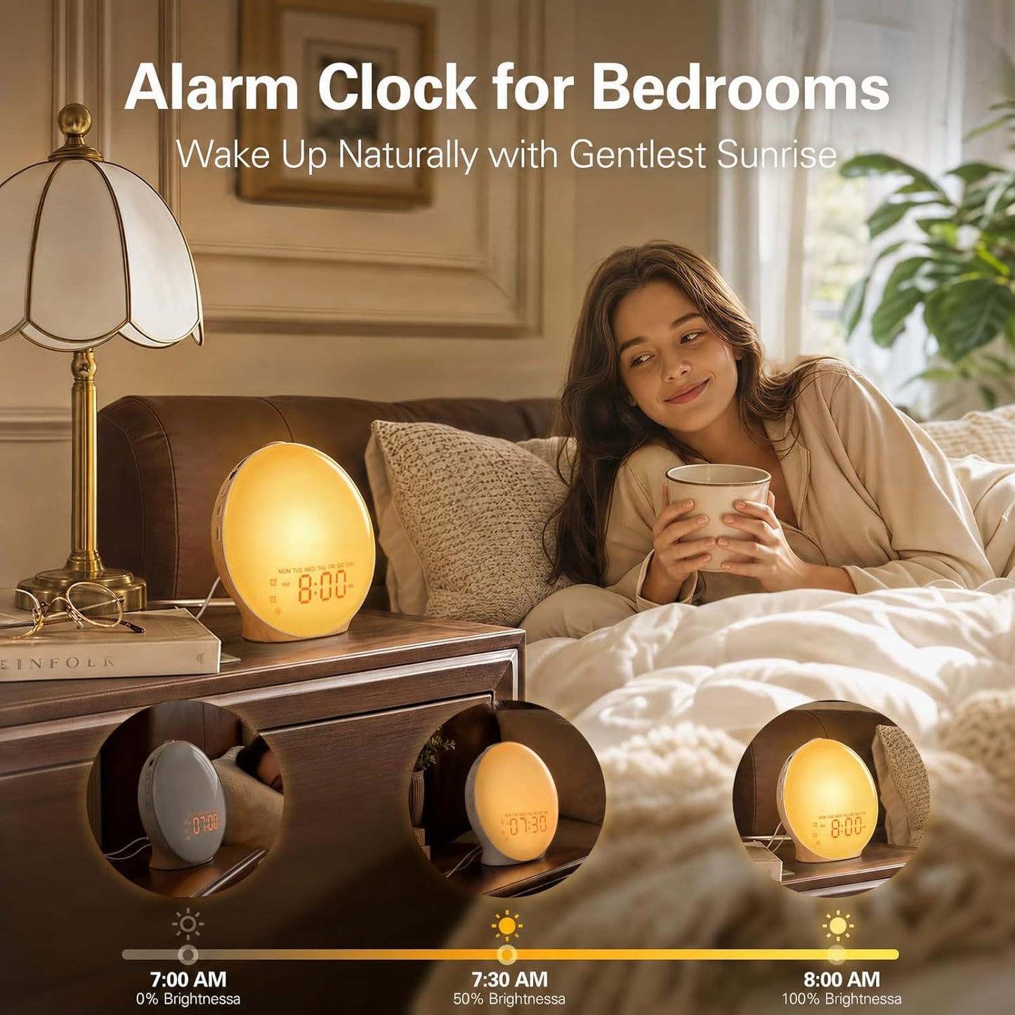 JALL Full-Screen Wake Up Light Sunrise Alarm Clocks for Bedrooms, White Noise Machine for Heavy Sleepers, 25 Natural Sounds, Dual Alarms, FM Radio, 17 Dimmable Colors, Bluetooth Speaker