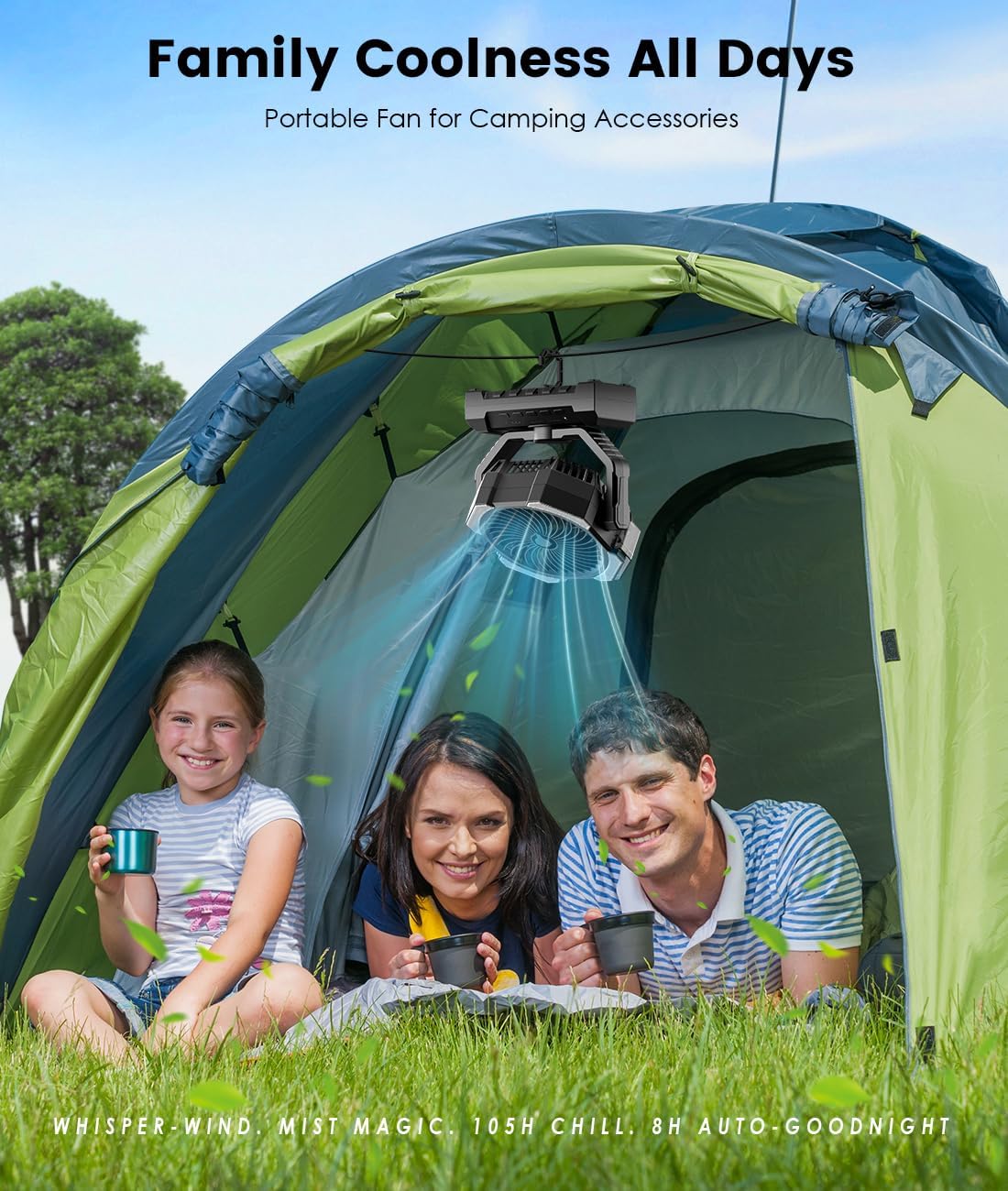 Camping Misting Fan, 24000mAh Portable Battery Powered Fan with Mist, Light