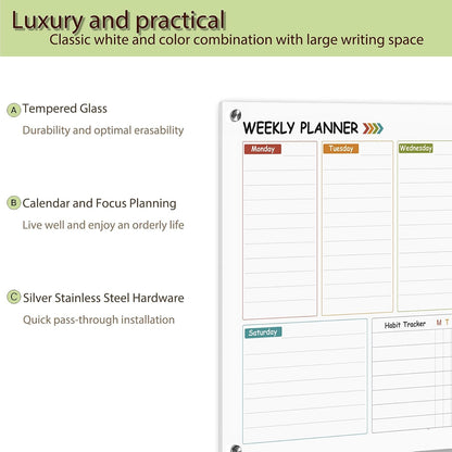 Glass Colorful Weekly Dry Erase Board for Wall,Weekly Planner Whiteboard for Wall 24"x18",Frameless Mounting,Medium Weekly Wall Calendar Dry Erase for Office/School/Home