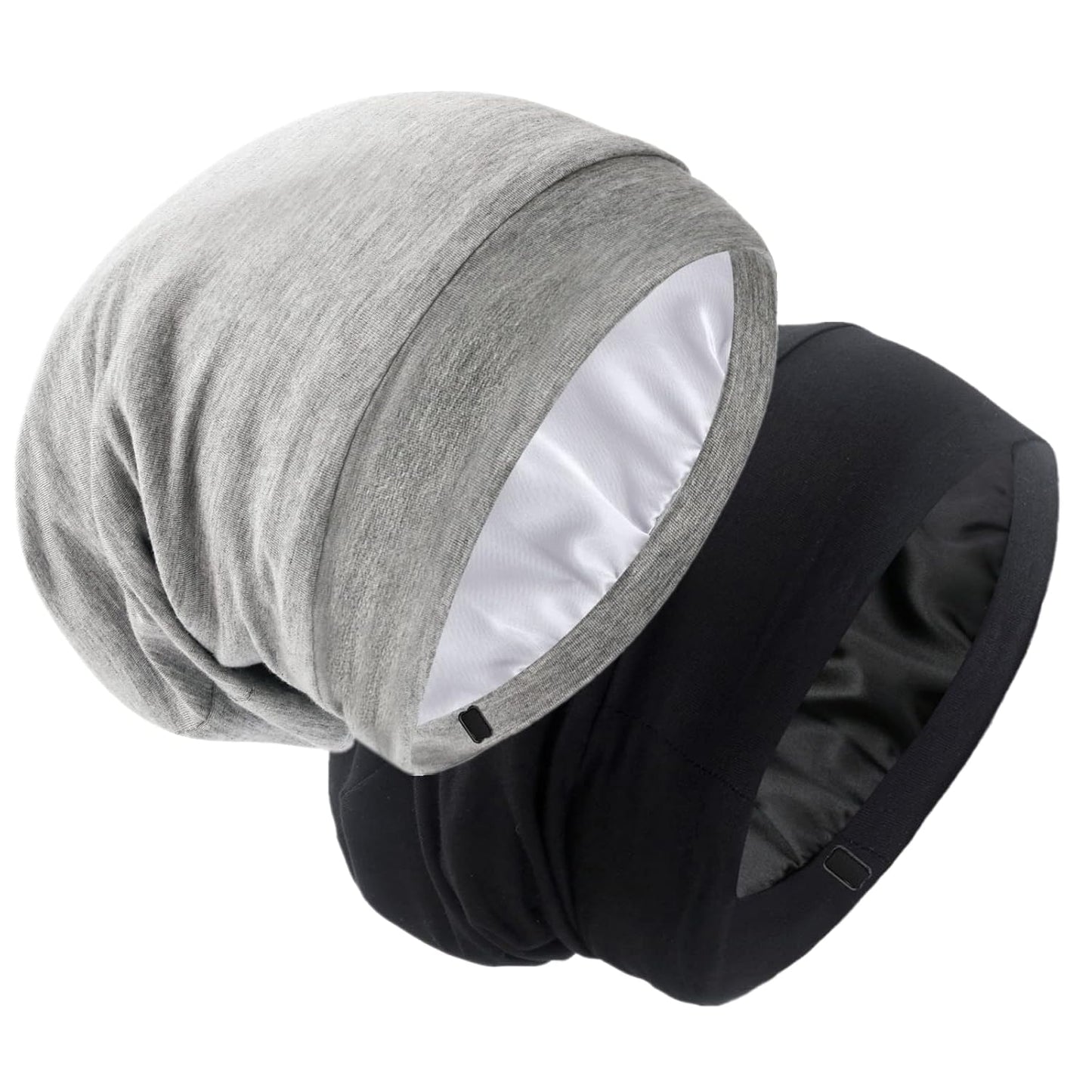 Silk Satin Lined Bonnet Sleep Cap - Adjustable Stay on All Night Hair Wrap Cover Slouchy Beanie for Curly Protection Women and Men Solid Black