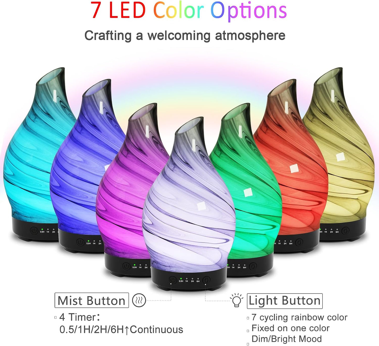 Essential Oil Diffuser 120ML Glass Aromatherapy Diffuser with 4 Timer Settings & 7 Color Changing Lights, Auto Shut-Off, Ultra Quiet Oil Diffuser for Home, Office, Yoga, Spa