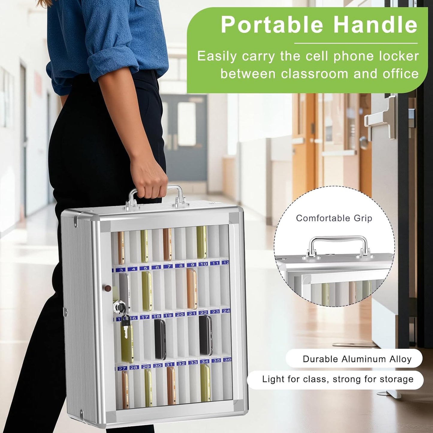 Loghot Aluminum Alloy Pocket Chart Cell Phones Storage Cabinet for Cell Phones, Wall-Mounted Cell Phone Locker Phone Holder with Lock for Classroom, Office, Can be Carried by Hand (36 Slots)