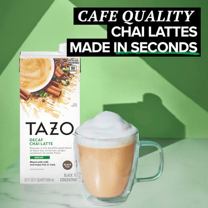 TAZO Decaf Chai Latte, Black Tea Concentrate, Easy-to-Serve Chai Tea for Everyday Lattes, Hot or Iced Tea and Mocktails, 32 oz Tea Mix Carton