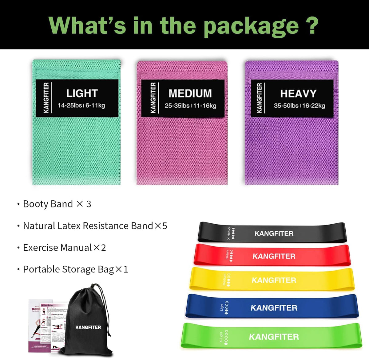 KANGFITER Non-Slip Fabric Resistance Bands for Working Out 3 Levels